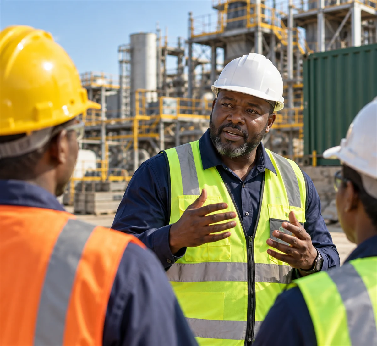 An instructor explaining workplace safety to a team in an industrial training yard